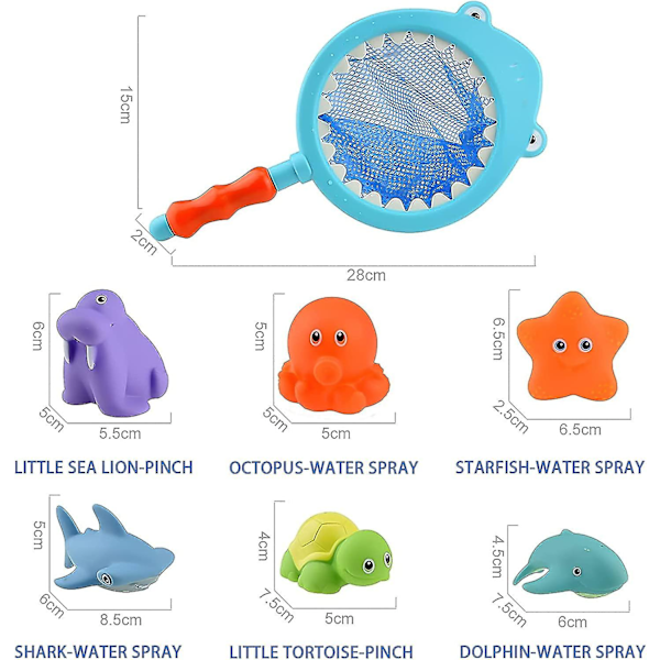 Baby badeleker, 6 stk vannspill, badekarleker barn, badekarleker flytende, badeleker med fiskenett, for gutter og jenter badeleker