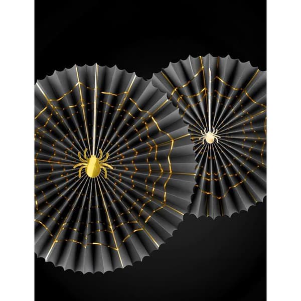 2 dekorative papirrosetter, sort og guld edderkoppespind design, 32 og 40 cm - Sort hvid XXS
