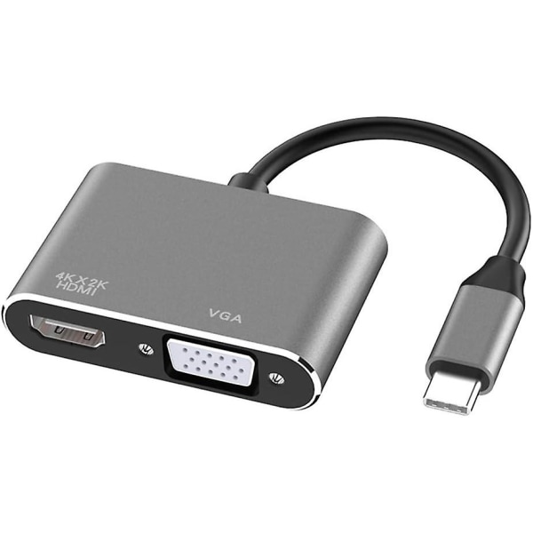 USB C till HDMI Vga-adapter, 2-i-1 Typ C till HDMI 4k, Vga 1080p kompatibel med Macbook Pro/air 2020 2019, Ipad Pro, Surface, grå