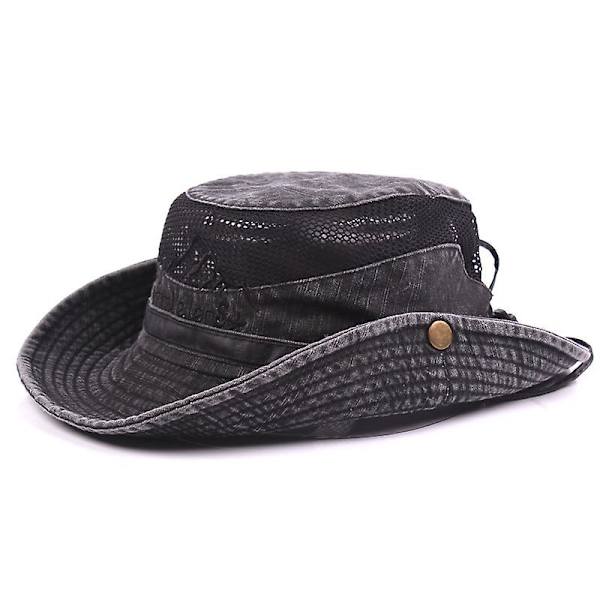 Mænd Bomuld Broderi Hat Udendørs Solbeskyttelse Bred Skygge Foldbar Boonie Bucket Hat(Grå)