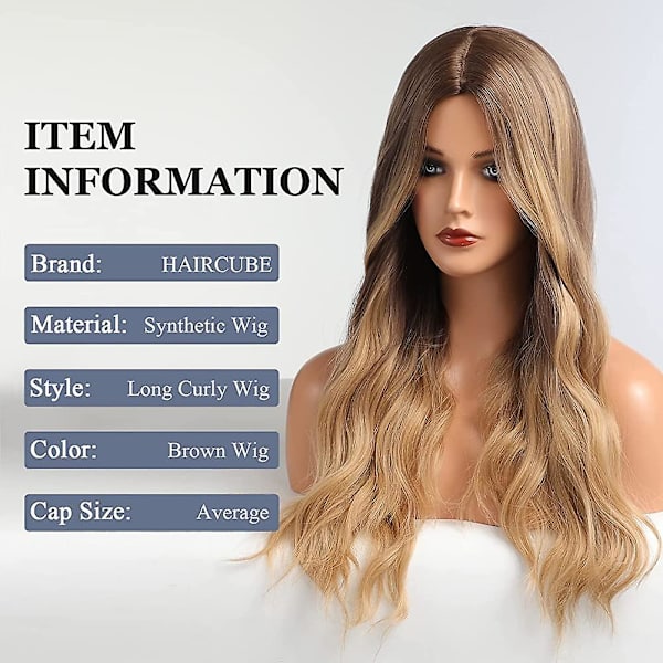 Lång lockig peruk för kvinnor Ombre mörkbrun till blond peruk naturlig look