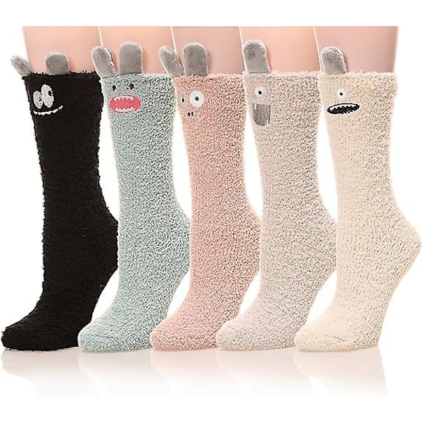 Mjuka, söta, roliga djurdesignade mikrofibersockor för kvinnor - mysiga, luddiga, varma vinterstrumpor - 5 par - 5 färger - monster - storlek: one size