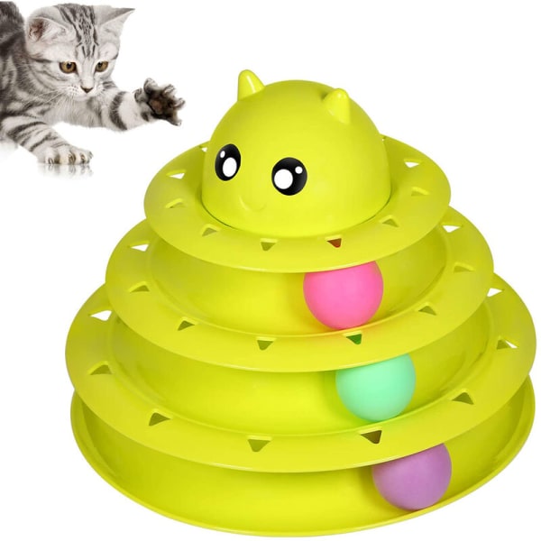 Cat Toy Toy Cat, interaktiv leksak för katter 3 Level Towers Tracks Roller med TRE färgglada bollar, PP-material, mer hållbart, starkare, grönt