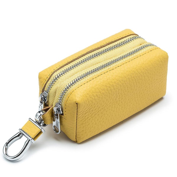 Case i äkta läder, unisex nyckelring med dubbel dragkedja Plånbok Myntväska med metallkrok (gul)