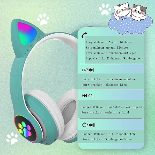 Bluetooth-hörlurar för barn, hopfällbara over-ear-hörlurar för flickor, trådlösa barn-hörlurar med LED-ljus upp kattöron och mikrofon (grön)