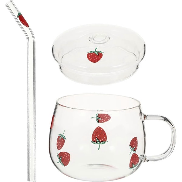 Glasmug med lock och sugrör Söt jordgubbsdrickskopp Klar kaffemugg Mjölkmugg Vattenkopp Tekopp för te juice varmt kallt vatten Transparent