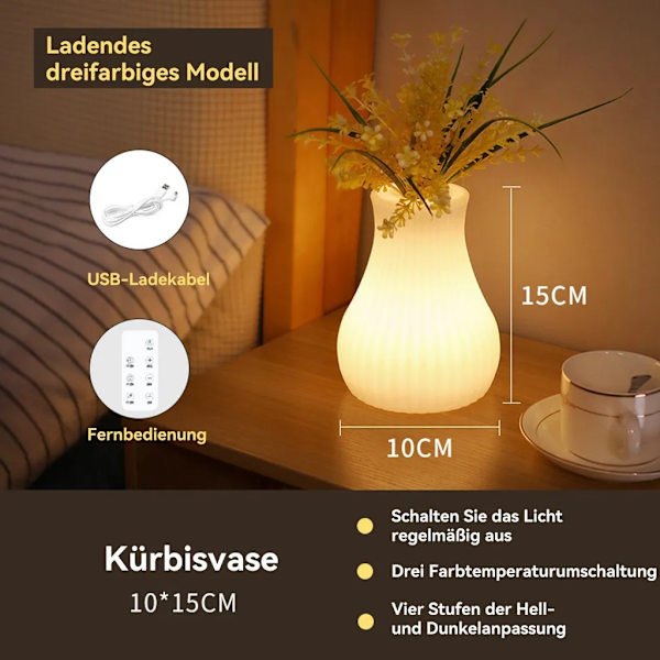 Nattlampa vas, 3 färger justerbar, USB-laddningsbar, LED-utbytbar
