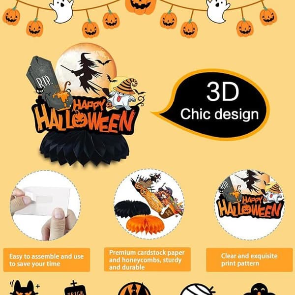 Set med 9 bikakeformade mittstycken för Halloween, pumpa, häxa, spöke, 3D bikakeformade bordsdekorationer. vit XXS