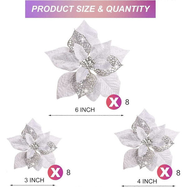36 stycken julglitter-julstjärnor Konstgjorda blommor Julblommor Dekorationer Bröllop Julgran Nyårsdekorationer (Silver, Dubbellager Hol