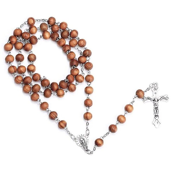 Fashion Handgjord Rund Pärla Katolsk Rosenkrans för Kors Religiösa Träpärlor Män Halsband Charm Present G5AB