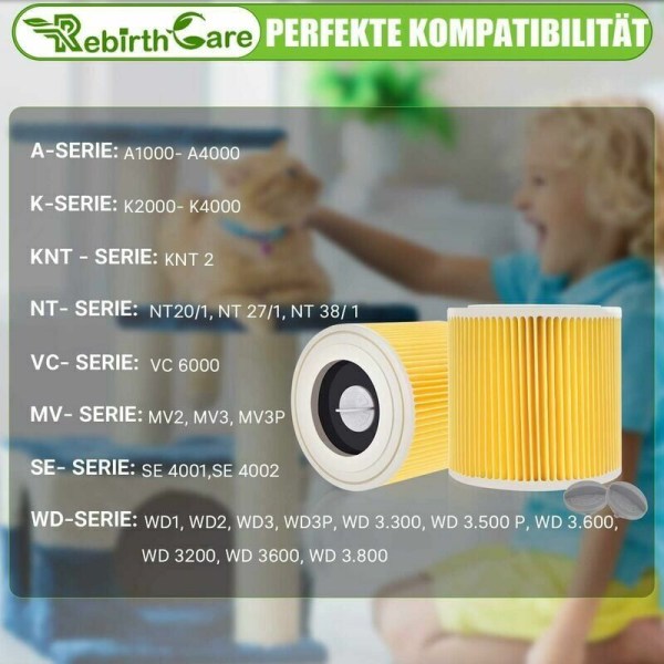 Pakke med 2 patronfiltre til WD3 Premium WD2 WD3 WD3P WD3 MV2 MV3 WD3 filterudskiftningsfilter til K??rcher støvsuger 6.414-552.0/64145520