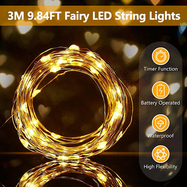 4 stk 3m 30 LED kobbertråd fe lys med timer vanntett