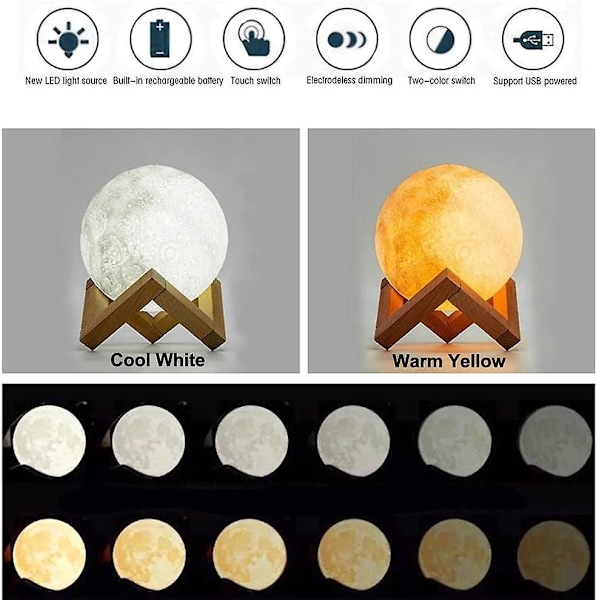7,9\" Stor 3D Månelampa, Full Moon Lamp Light, 3D-utskrift Dimbar Modern Golv