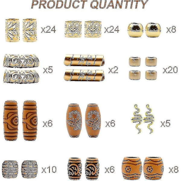 Hår Smykker Til Fletninger, 124 Stk Guld Hår Perler Spoler Dreadlocks Tilbehør Metal Smykker Aluminium Hår Manchetter Dekoration Imitation Træ Hår Ch