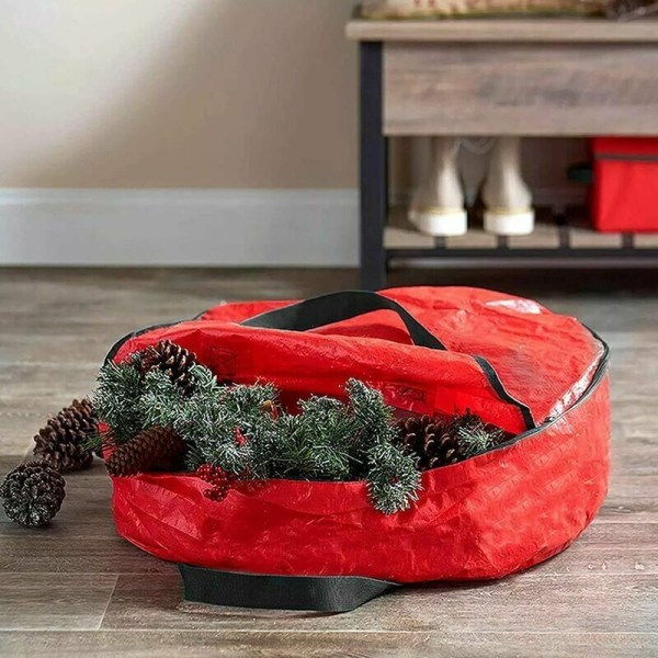 Juletræstilbehør, trætaske, julekransopbevaringspose med rødt håndtag, vandtæt og støvtæt ferieopbevaringspose (størrelse: 76x20 cm),