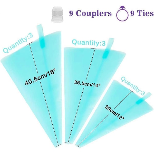 Återanvändbara Dekorations Påsar, 9-pack Silikon Sprits Påsar, 27 Stycken Bakverk Dekorations Verktyg med 9 Sprits Påsar, 9 Standard Kopplingar och 9 Band, Bakning