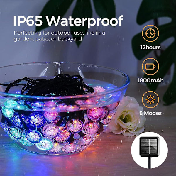 50 LED aurinkoketjuvalot, ulko- ja sisävalot, 7M ja 8 tilaa IP65 vedenpitävät keijut valot puutarhaan, monivärinen