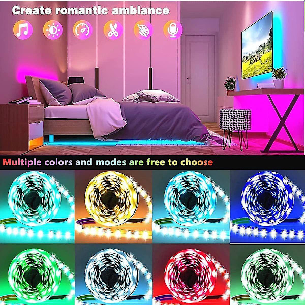 LED 15m, RGB LED-stripe med Bluetooth Smart App-kontroll, flerfarget LED-stripe med fjernkontroll, fargeskiftende med musikk, for soverom, fest, kjøkken