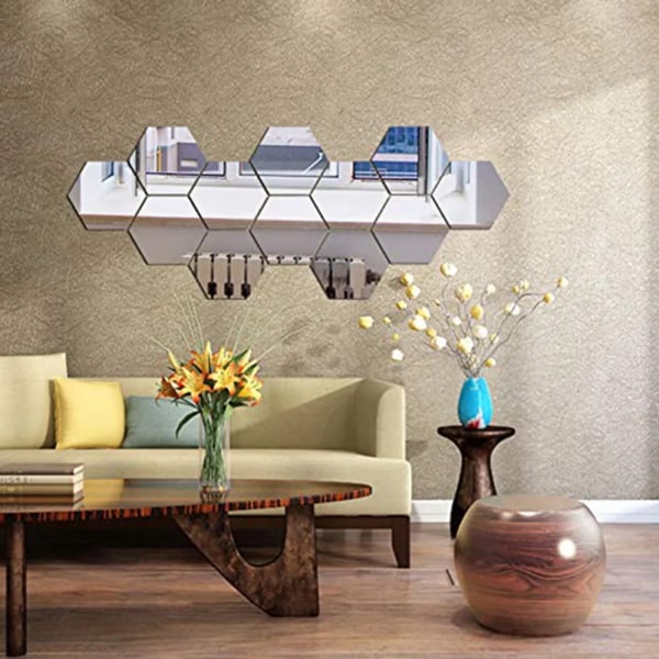 36 st Akrylspegelväggdekaler, Hexagon väggpanel DIY Home Decor Wall Stickers, Silver, 46x40x23mm