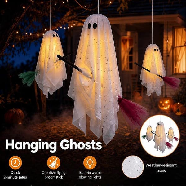 Sæt med hængende polyester-spøgelser med LED-lys til udendørs Halloween-havepynt With lights
