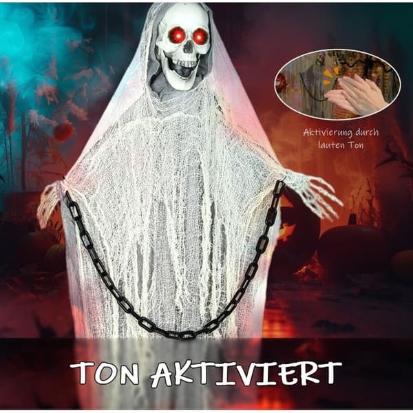 Halloween dekoration skelet reaper røde LED øjne og lydfunktion - ELVMI - grå polyester stål 183 cm