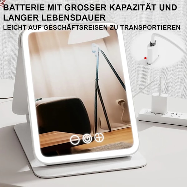 Foldbar Makeup Spejl med Lys, Genopladeligt Bærbart Rejsespejl, Touch Screen med 3 Farver Lys, Trinløs Justerbar, Pink