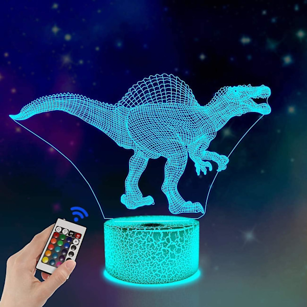 Dinosaur 3D nattlampe Spinosaurus illusjon LED nattbordslampe 16 farger fjernkontroll gave