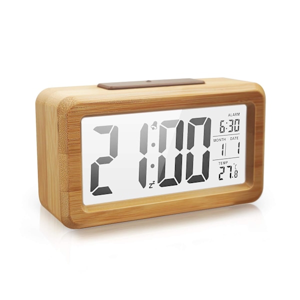 Træ Digitalt Vækkeur, Stort LED-Display, 12/24 Timers Display, Smart Sensor Nattelys