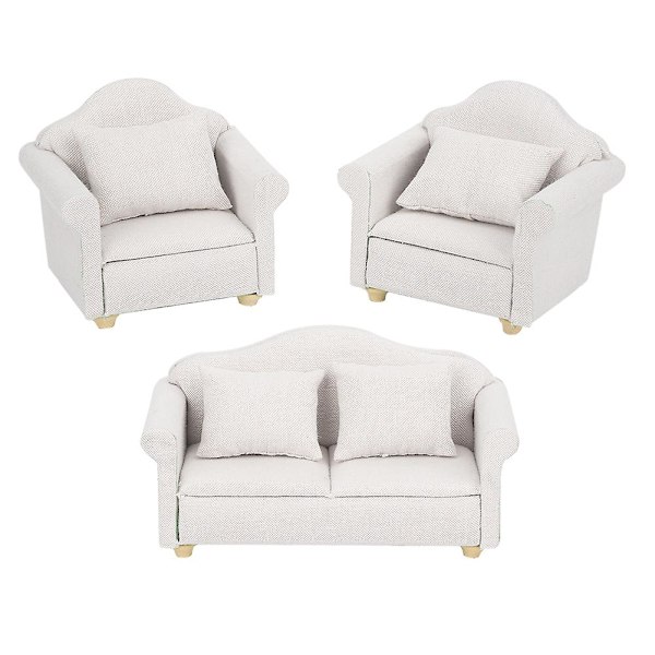 3 stk 1:12 Mini Dukkehus Rutete Sofa Putesett Tilbehør Rom Møbler Leke Hvit