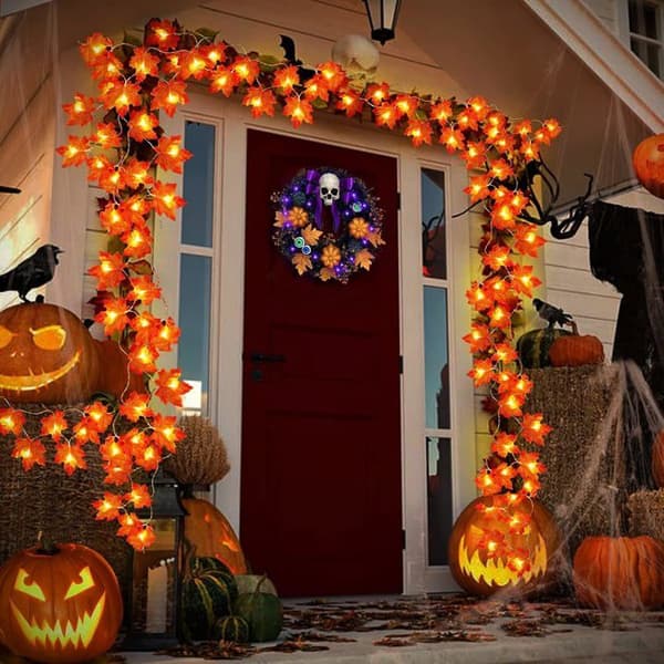 1,7 m höst- och halloweenkrans med timer, LED-lönnlöv heminredning tacksägelse vit XXS