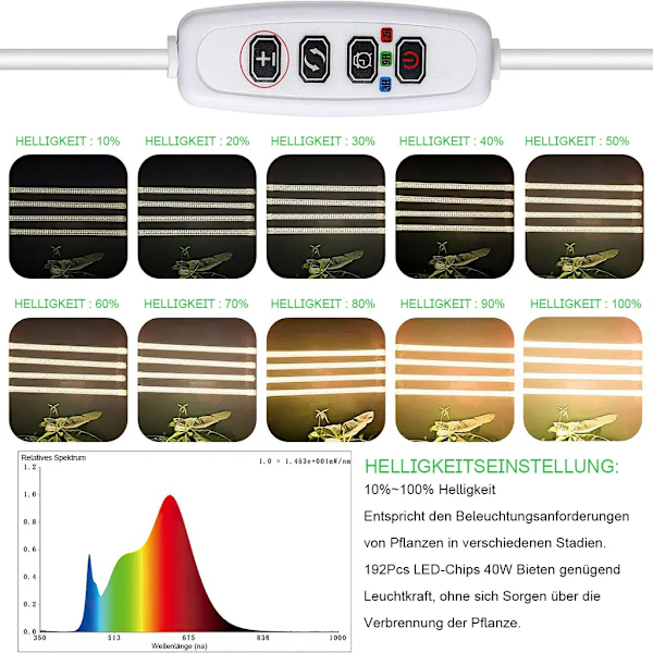 Plantelampe 4 hoveder LED plantevækstlys, 6000K 10 niveauer dæmpbar timing, rødt blåt lys