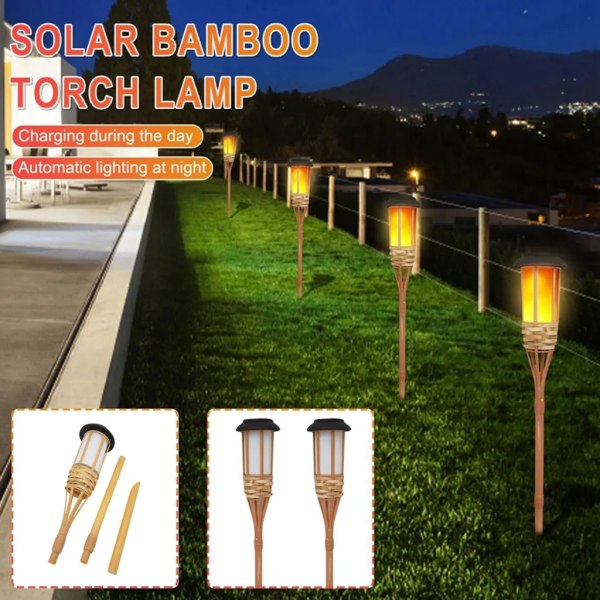 2st 12 LED Solar Flame Lights Trädgårdsfacklor Bambu gräsmatta Lights Simulated Flame Lights Trädgård staket ljus Utomhusdekoration 60cm