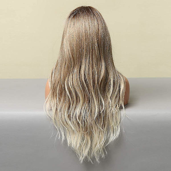 Ombre brun peruk med gråa slingor, mittbena, lång vågig värmetålig