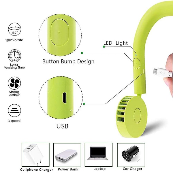 Kannettava kaulapuhallin, kädet vapaat, kuulokemalli, USB-ladattava, henkilökohtainen, sopii kuntosalille, matkoille, toimistoon (vihreä)
