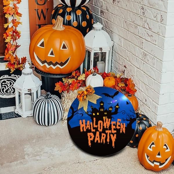 1 puinen kyltti, pyöreä, Halloween-koriste, ripustettava, sisä-/ulkokäyttöön.