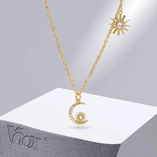 Månhalsband för kvinnor, Bling AAA CZ Sten Stjärna Solberlock Halsband, Guld Färg Hänge, Chic Fint Flickhalsband