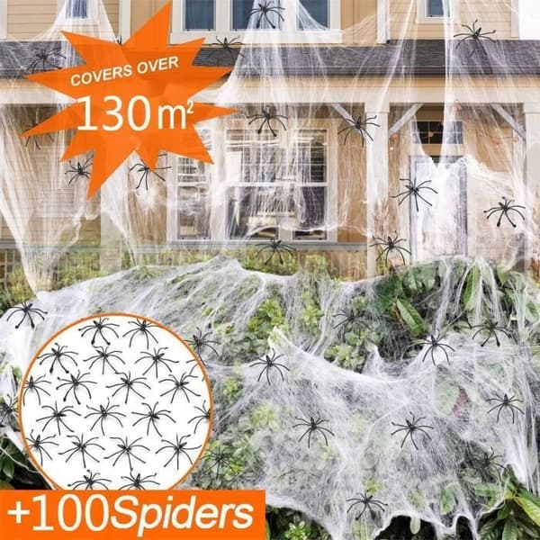 Halloween Spindelvæv - KAKOO - Strækbart - 500g - 100 Hvide Falske Edderkopper - Dekorationssæt