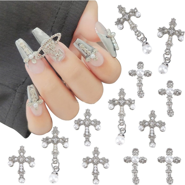 Set med 10 (5 stycken per stil) Cross Nail Art smycken, 3D-stora nagelsmycken med pärlnageldekoration, antik stil Nails i blandad storlek Leinston