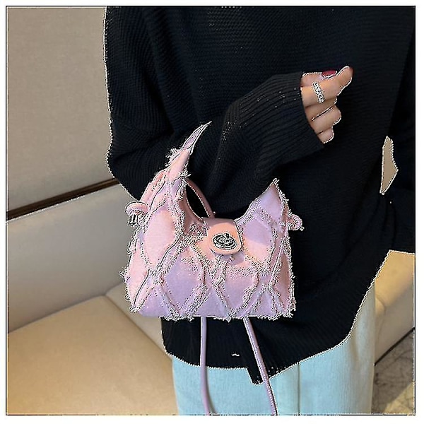 Handväska, dam denim handväska mode axelväska Argyle plånbok crossbody väska（Rosa）