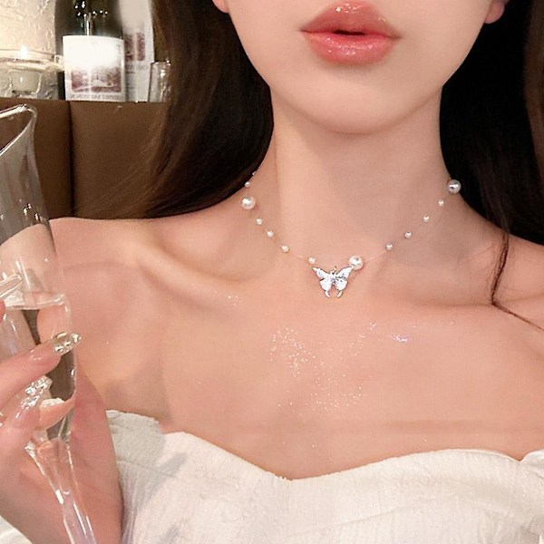 Elegant Perle Krystal Halskæde Mode Hjerte Sommerfugl Kæde Choker（Som vist）
