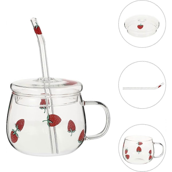 Glasmug med lock och sugrör Söt jordgubbsdrickskopp Klar kaffemugg Mjölkmugg Vattenkopp Tekopp för te juice varmt kallt vatten Transparent