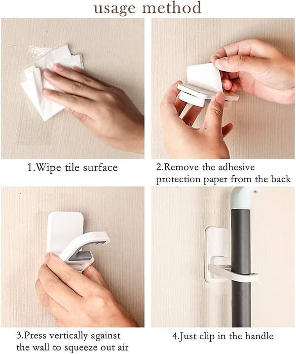 4 stk. kosteskaftholder, selvklæbende moppeholder, skridsikker kosteskaftkrog til vægmontering