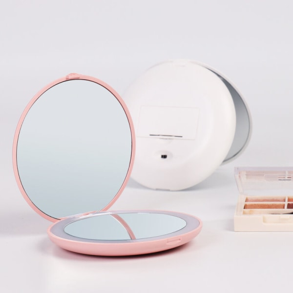 Kaksipuolinen meikkipeili, LED-peili, taitettava, kaksipuolinen kosmeettinen peili, LED-lamppu, vaaleanpunainen, USB latauspeili,