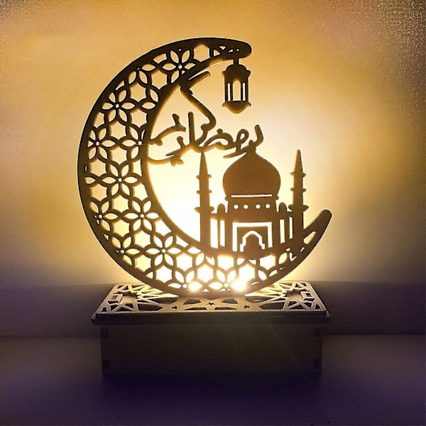 Håndlavet 3D træmåne stjerne LED lys dekoration, Ramadan Mubarak lampe dekorationer, E fest soveværelse Eid ornamenter gave til muslimer
