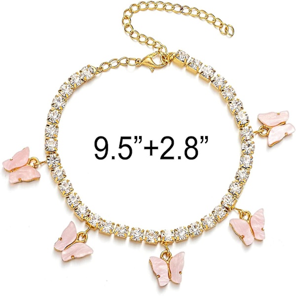 Sommerfugl Ankelkæde Til Kvinder Teenagere Piger, 18k Guld / Hvidguld Belagt Rhinestone Indlæg Kæde Tennis Ankel Armbånd Med Forlængelse Guld-Pink