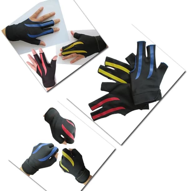 3-Finger Biljardhandskar, halkfria, slitstarka elastiska poolhandskar, vänster hand blå rand