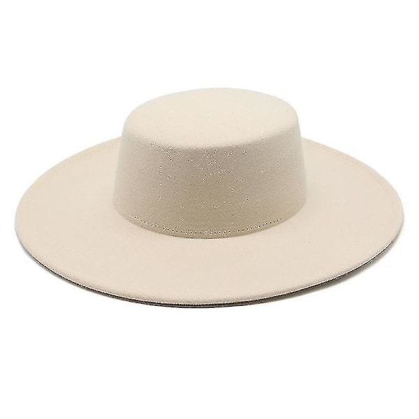 2023 Ny förtjockad unisex fedora hatt med 10 cm bred brätte i ullfilt, platt topphatt med bred brätte i filt (M 56-58 cm, beige)