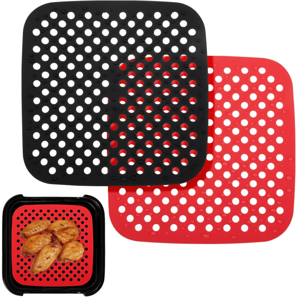 Set med 2 återanvändbara Air Fryer silikonfoder Värmebeständig fyrkantig 2 st (kvadrat 8,5" svart, fyrkantig 8,5" röd)