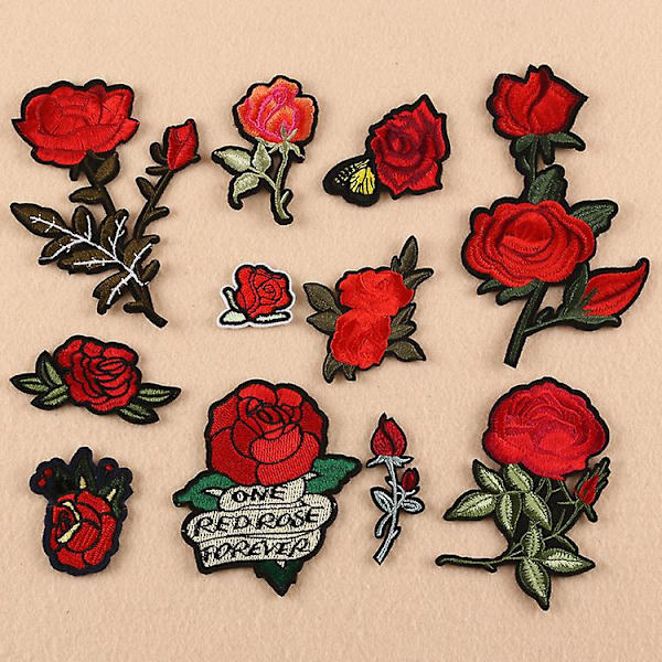 Dww-broderi stryge-på patch, 11 stk. rose blomster stryge-på applikation patches til håndværk, syning, tøj