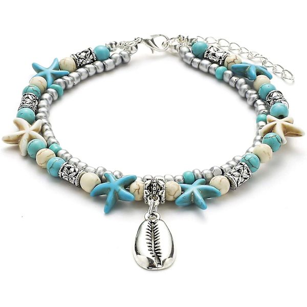 Blå sköldpaddsankelband för kvinnor flickor flerskikts pärlor handgjorda strandankelband set boho fot smycken sjöstjärna anklet